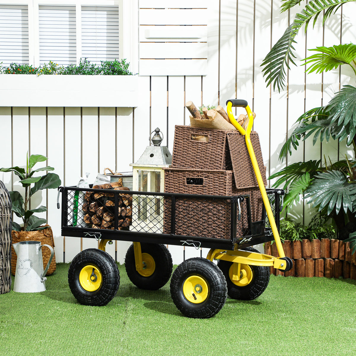 Chariot de jardin chariot de transport 4 roues côtés amovibles transformable en plateau 104 x 54 x 51 cm noir et jaune
