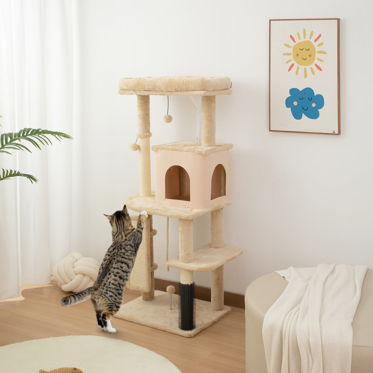 Arbre à chat, tour de jeux, hauteur de 132 cm, avec lit, maison, brosse de toilettage,  55 x 44 x 132 cm, beige