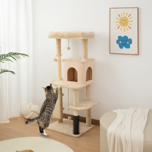 Arbre à chat, tour de jeux, hauteur de 132 cm, avec lit, maison, brosse de toilettage,  55 x 44 x 132 cm, beige