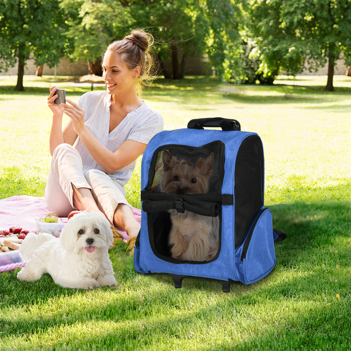 Sac de transport à roulettes pour chien 2 en 1 trolley chariot sac à dos pour chien chat avec poignée téléscopique, sacs de rangement, aérations, attache de sécurité, 42 x 25 x 55 cm, bleu