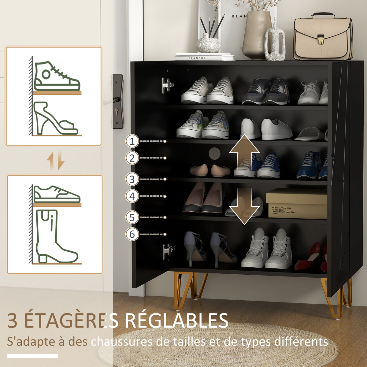Meuble à chaussures meuble de rangement à chaussures 2 portes étagères réglables 72 x 31,5 x 95 cm noir laqué