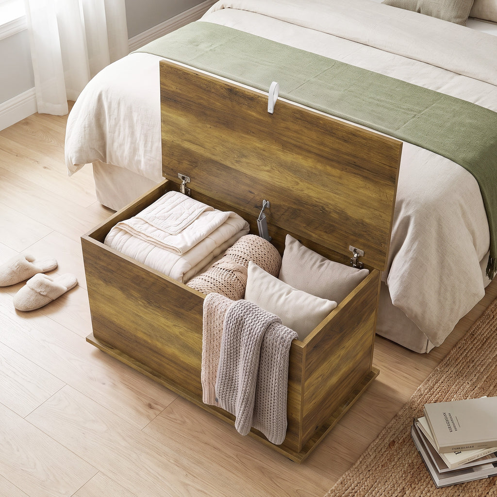 Coffre de Rangement, Banc de Rangement avec Couvercle Rabattable et Charnières de Sécurité, 80 x 40 x 45 cm, Marron