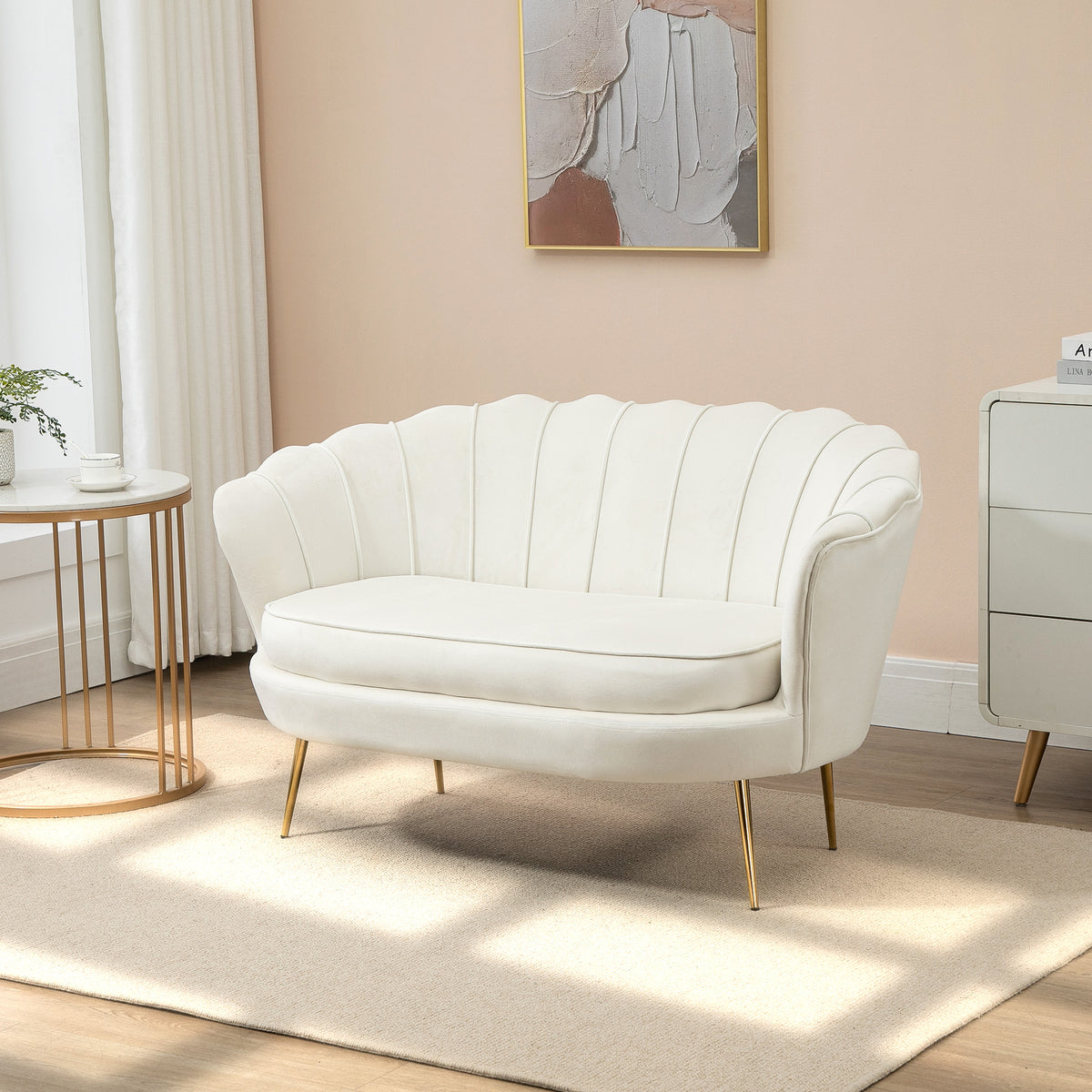 Canapé 2 places en tissu velours, petit canapé, en forme de coquillage, avec coussin épais de 10 cm, crème