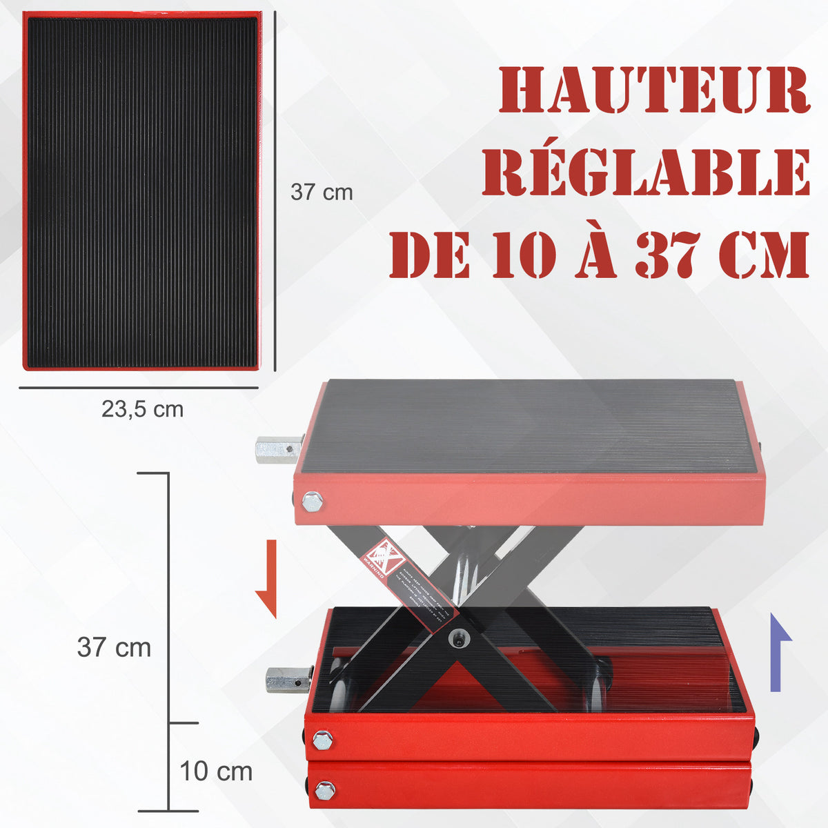 Cric de Moto à Ciseaux 500 kg, Hauteur de Levage 10-37 cm - Lève-Moto en Acier avec Plateforme Antidérapante - Béquille d'Atelier Tout-Terrain pour Entretien Atelier, Rouge