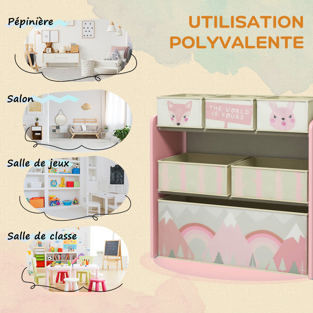 Tableau chevalet double-face rouleau papier 2 paniers + meuble à jouets de rangement à 6 boîtes, 63 x 30 x 66 cm, rose