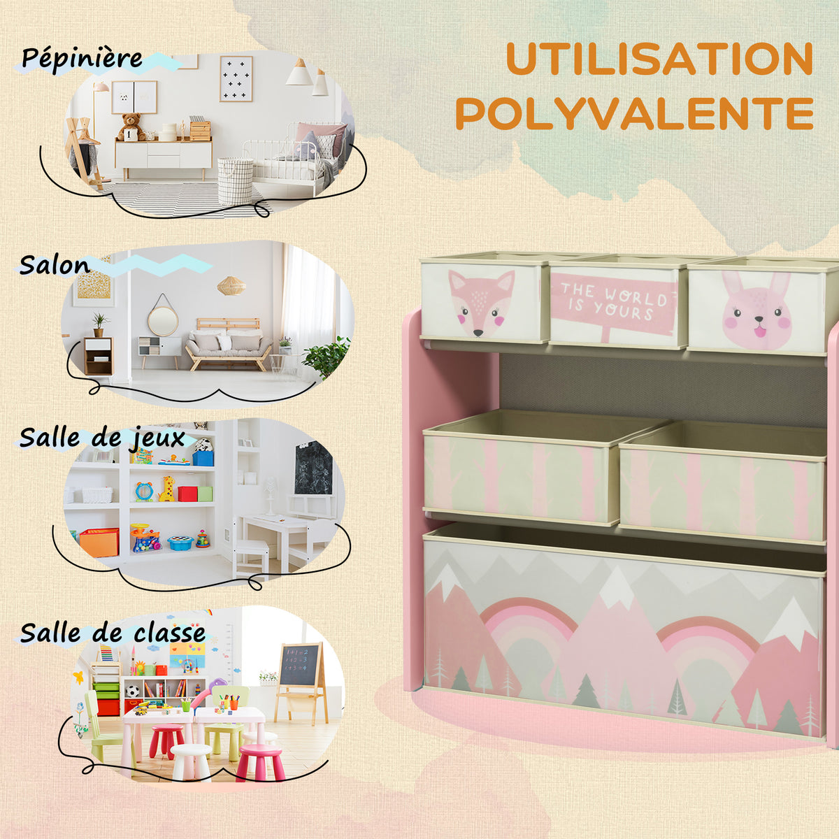 Tableau chevalet double-face rouleau papier 2 paniers + meuble à jouets de rangement à 6 boîtes, 63 x 30 x 66 cm, rose
