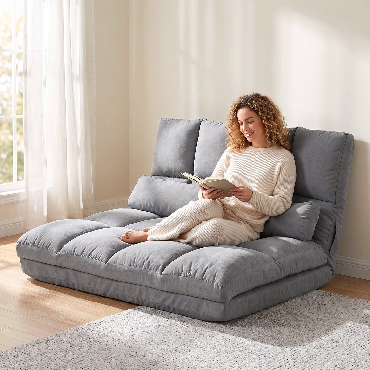 Chauffeuse 2 places canapé-lit convertible fauteuil de sol pliable dossier réglable 2 coussins inclus en polyester aspect suédé, pour salon, chambre et bureau, gris