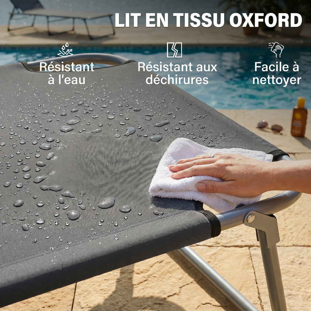 Transat Bain de Soleil Pliable Chaise Longue Pliante Grand Confort Dossier Inclinable Multi-positions et Pare-Soleil réglable Dim. 187L x 58l x 36H cm Gris