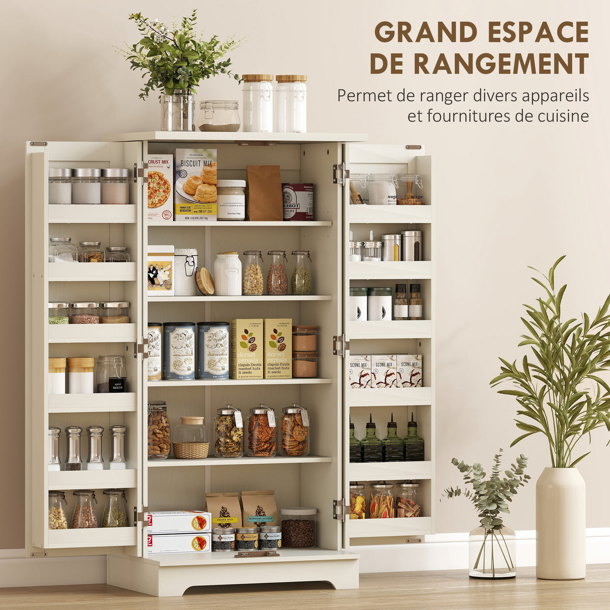 Buffet cuisine armoire de cuisine 5 niveaux avec portes et étagères réglables 60l x 40P x 120H cm grain de bois crème