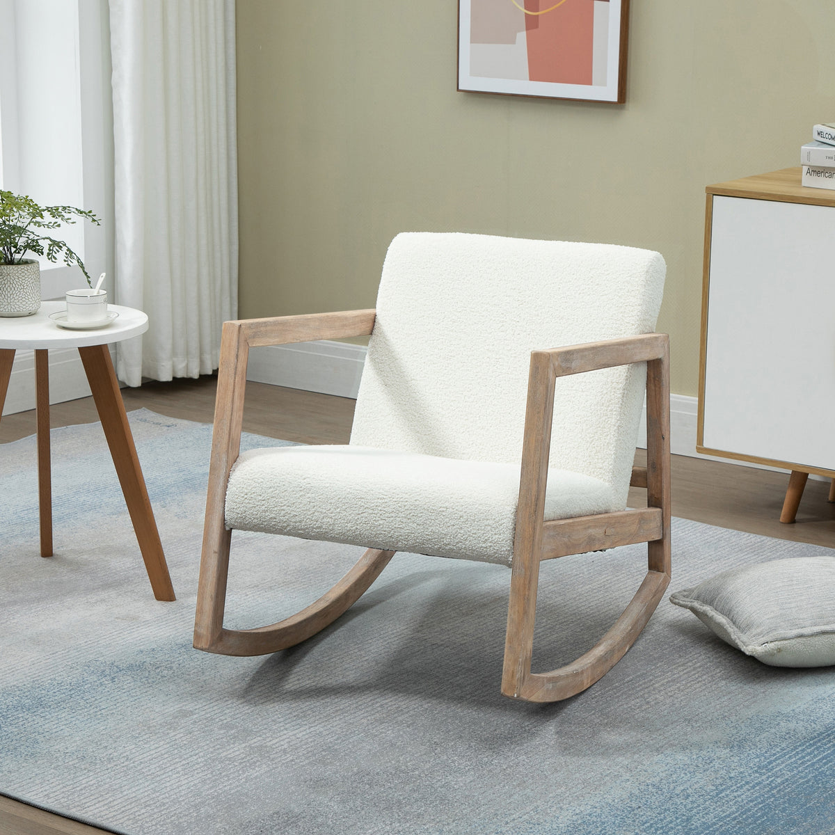 Fauteuil à bascule fauteuil allaitement rocking chair en tissu effet laine bouclée avec pieds en bois massif