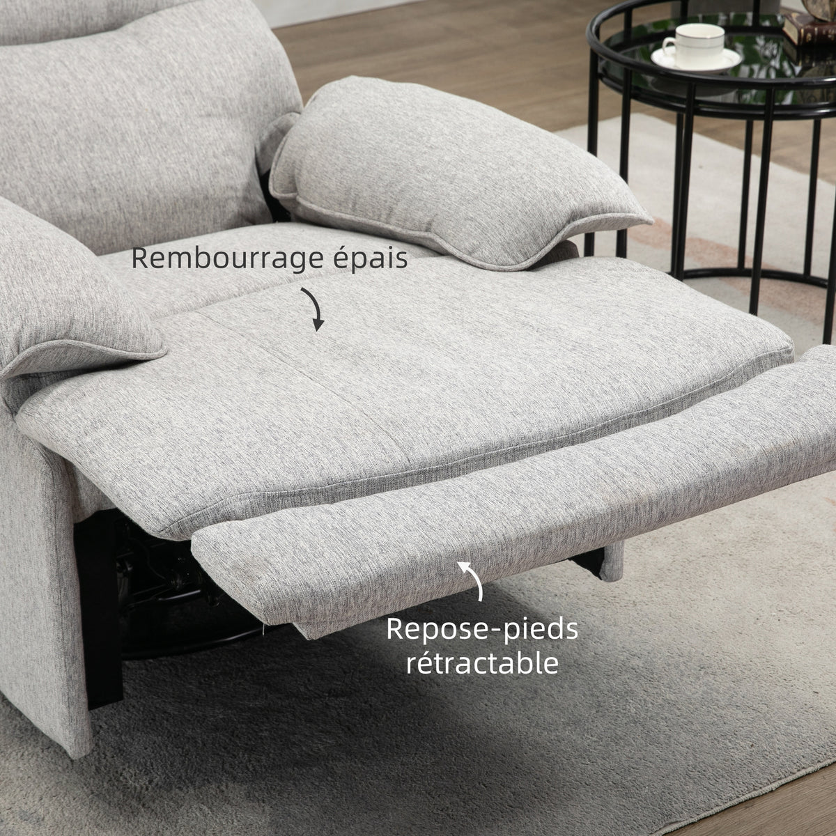 Fauteuil de relaxation inclinable manuellement avec repose-pied ajustable tissu aspect lin gris clair