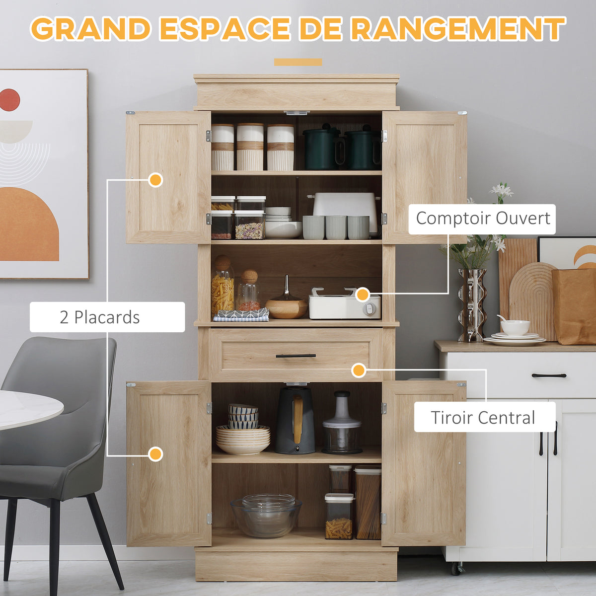 Armoire de cuisine buffet cuisine vaisselier meuble de rangement style moderne avec placards, étagères réglables, tiroir, et niche, pour salle à manger, salon, 74 x 39,5 x 183 cm, chêne clair