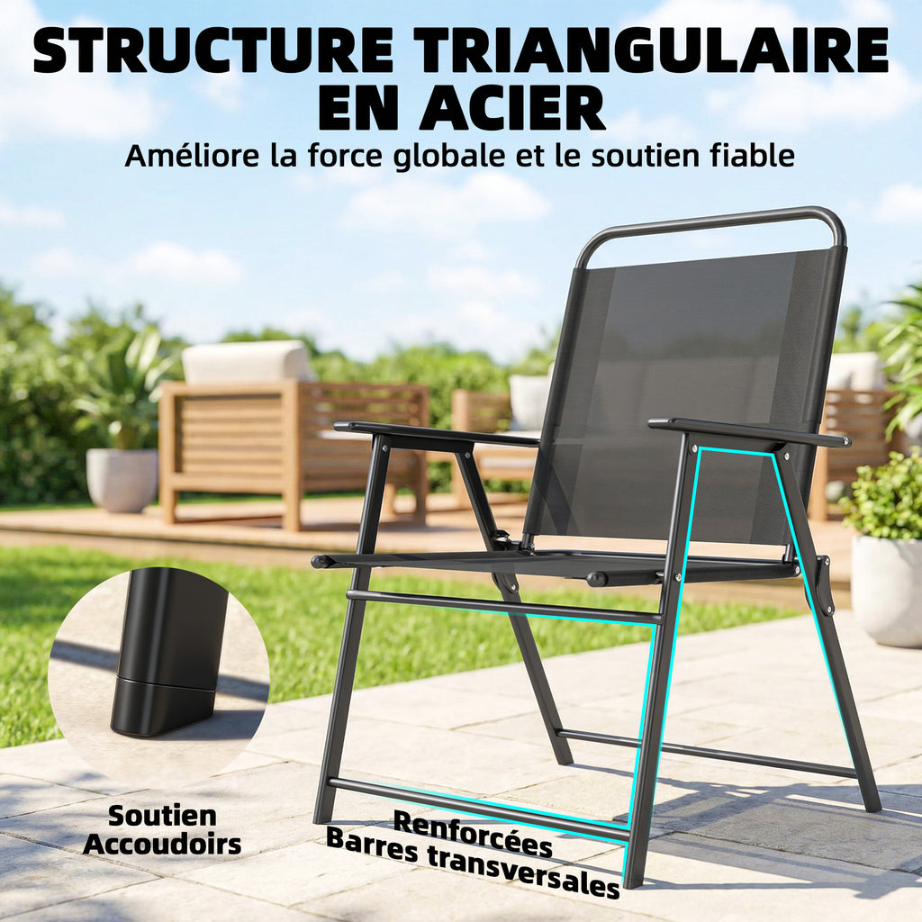 Lot de 4 chaises de jardin pliantes avec accoudoirs, chaises d'extérieur avec assise large en textilène, noir