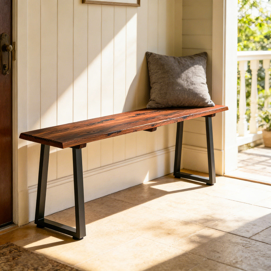 Banc de Jardin en Bois Sans Dossier en Bois, Pieds trapézoïdaux en acier, 2 Places à Effet Bois, 150x28x48cm, Carbonisé