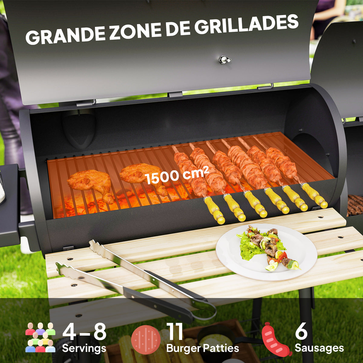 Barbecue à Charbon fumoir BBQ Grill Smoker sur Pied avec Couvercle, roulettes, thermomètre, étagères Noir