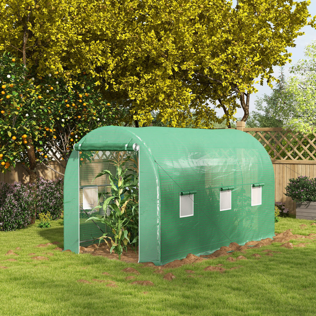 Serre de Jardin Tunnel Surface Sol 8 m² 4L x 2l x 2,05H m châssis Tubulaire Porte zippée 6 fenêtres enroulables vert