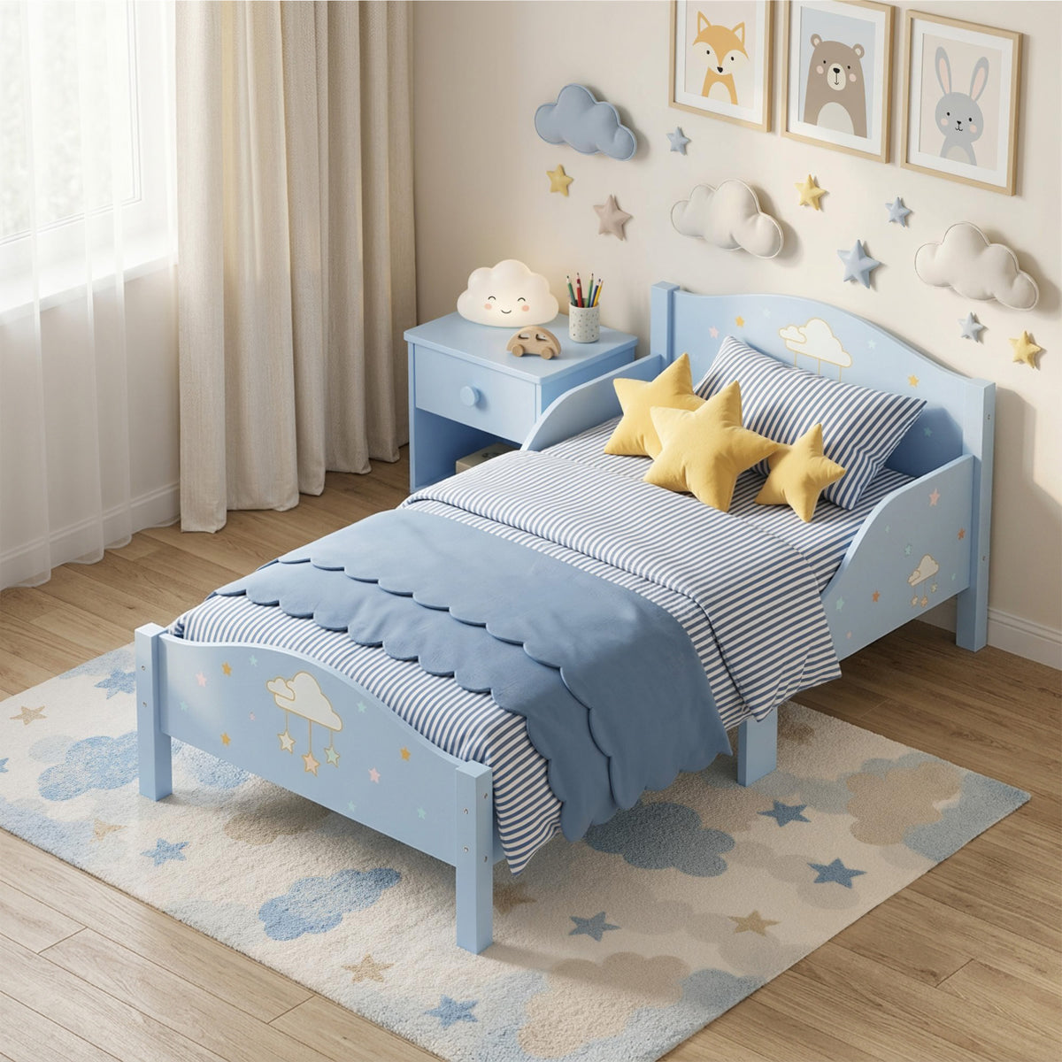 Lit Enfant 70 x 140 cm, Lit pour Enfant avec Barrière de Sécurité et Sommier à Lattes en Bois, Motif Nuage, Bleu