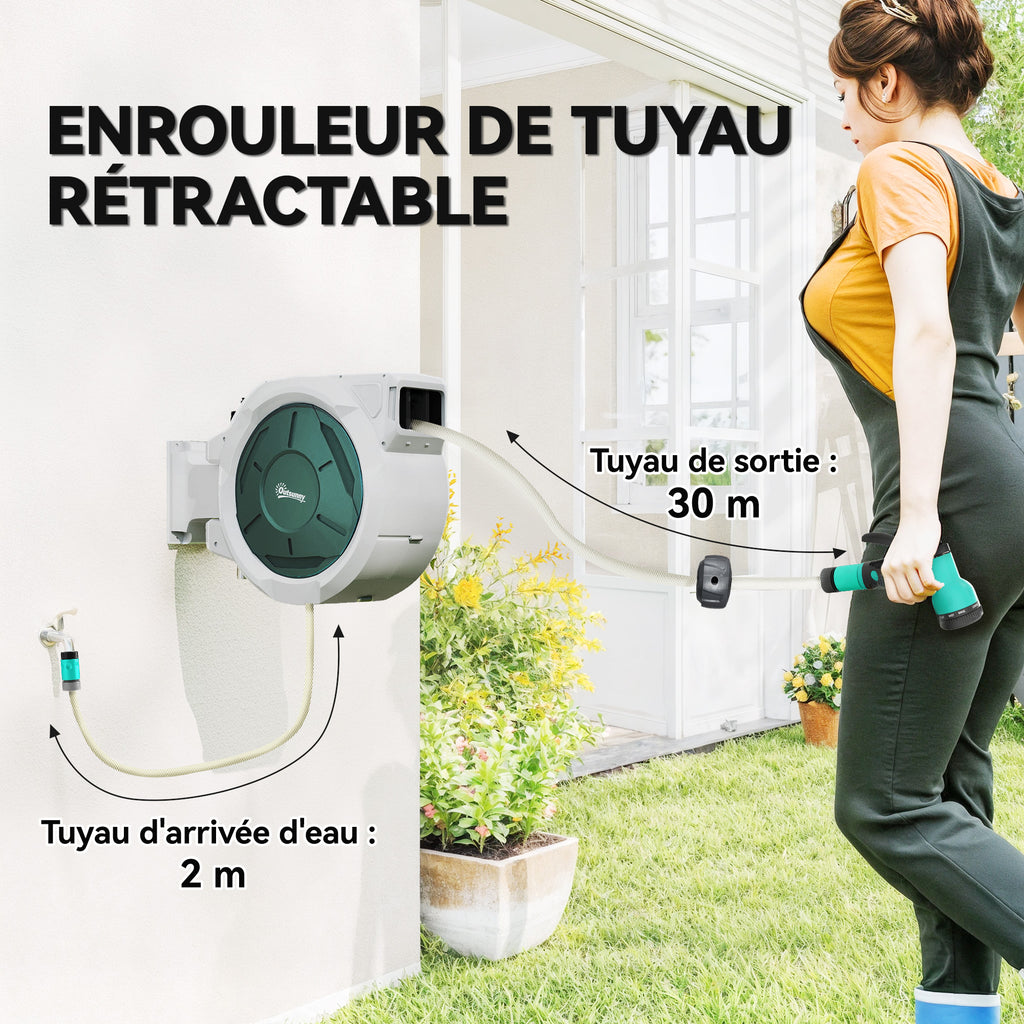 Enrouleur Tuyau Arrosage Mural 30 m x Ø 15 mm Dévidoir Automatique de Tuyaux d'Eau Rétractable Automatique gris