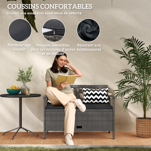 Banc extérieur jardin 2 places banc de rangement 160L en rotin PE avec coussin 2 oreillers 112 x 62 x 82 cm gris