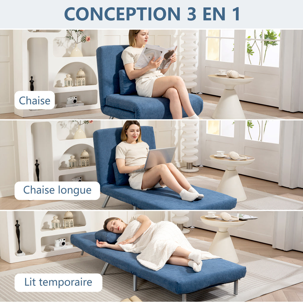 Fauteuil convertible 1 place, fauteuil-lit clic-clac 3 en 1 avec dossier réglable, oreiller, assise large, bleu