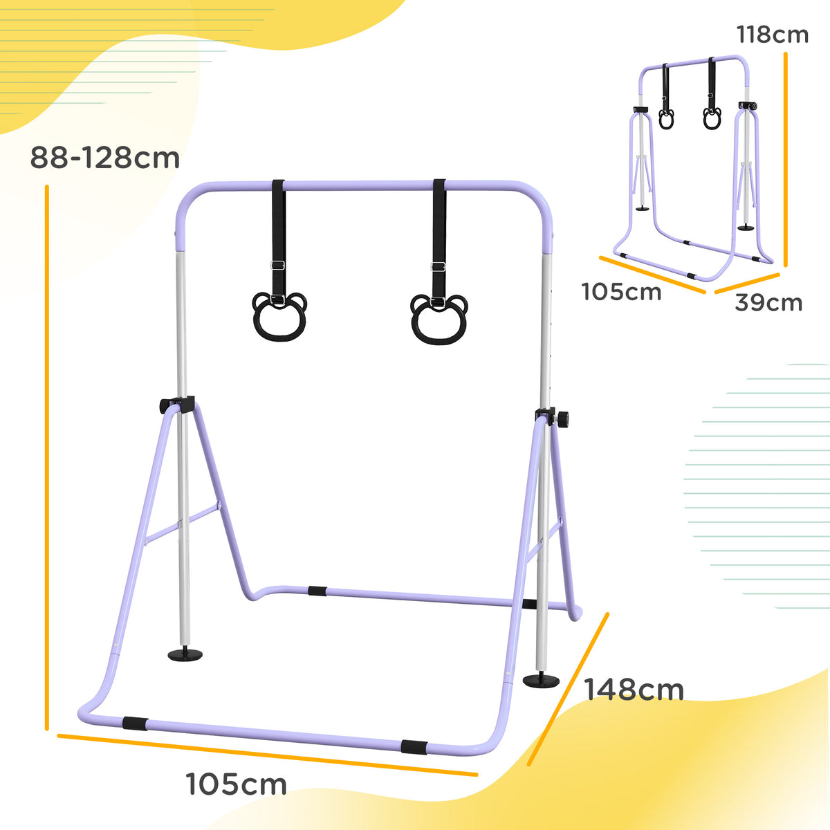 Barre de gymnastique pour enfants, barre horizontale pliable à hauteur réglable avec anneaux de gymnastique, violet