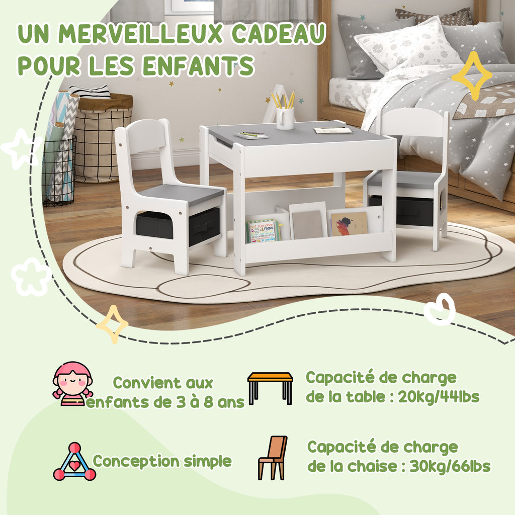 Ensemble 3 pièces table et 2 chaises pour enfant avec plateau réversible tableau noir, panier de rangement, étagères