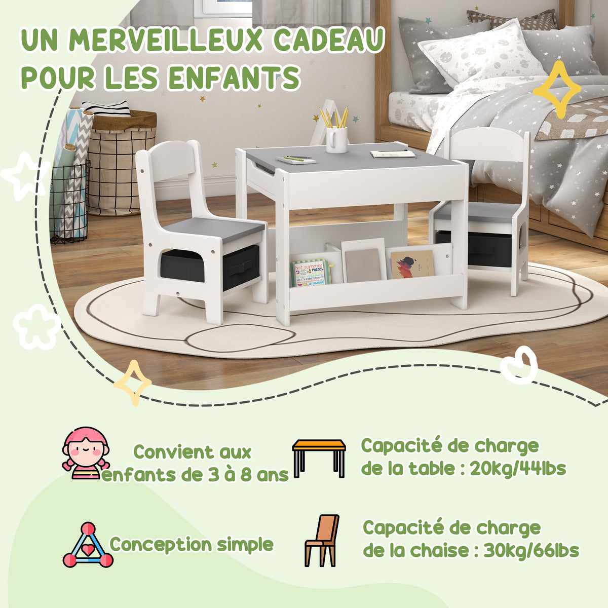 Ensemble 3 pièces table et 2 chaises pour enfant avec plateau réversible tableau noir, panier de rangement, étagères