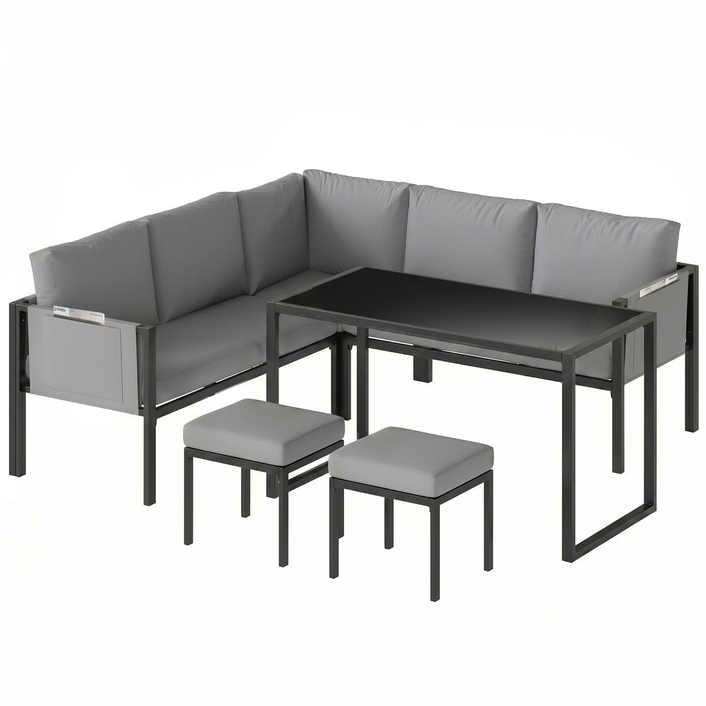 Salon de Jardin Canapé d'Angle Extérieur 6 Pièces Coussins 10cm Table Haute et 2 Repose-pieds Gris