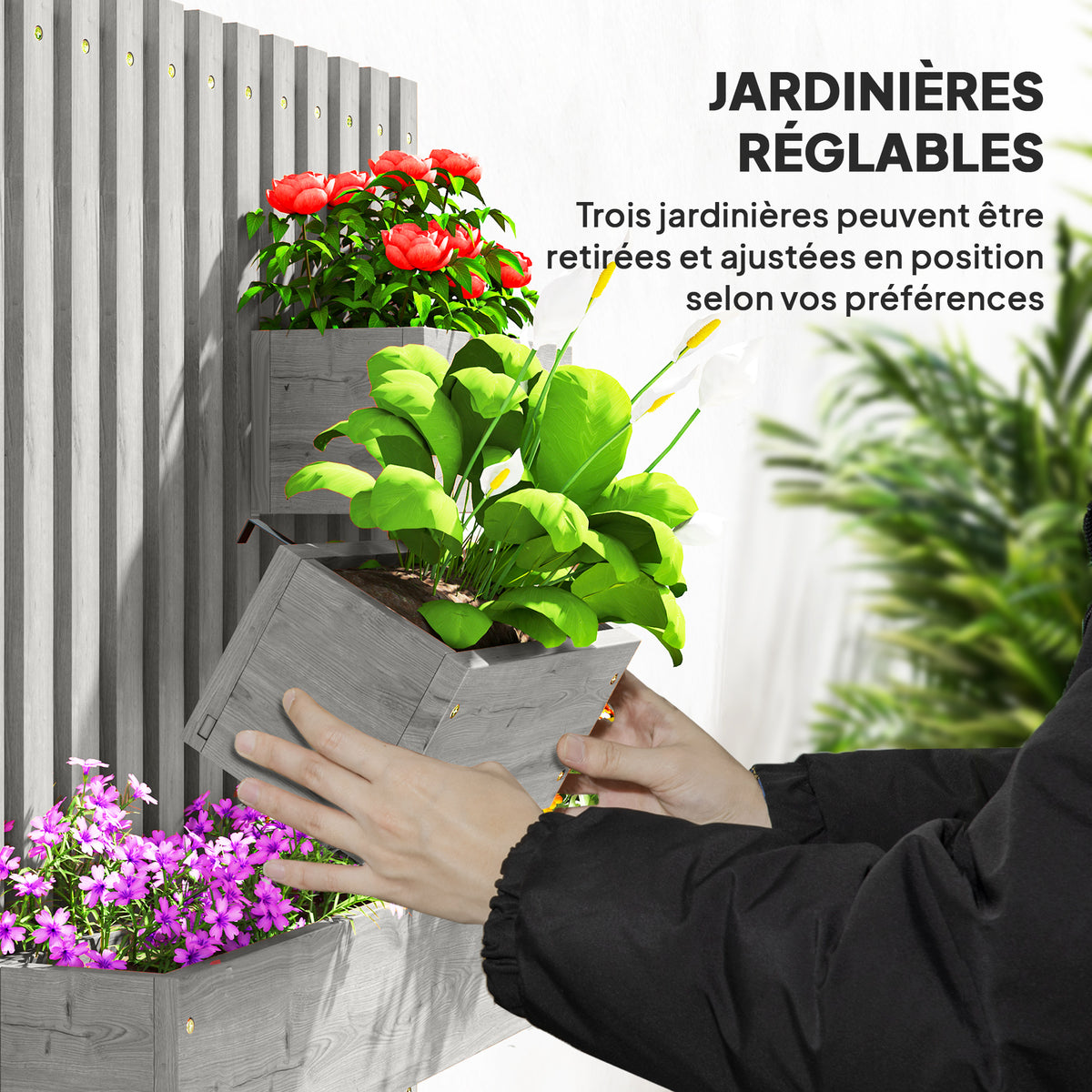 Jardinière murale potager avec 3 bacs en bois massif amovibles, tissu non tissé, 60 x 16 x 80 cm gris
