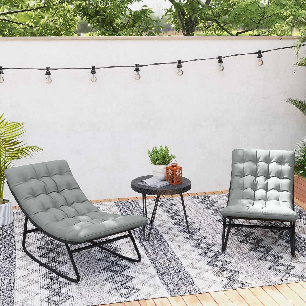 Lot de 2 fauteuils à bascule extérieur avec coussins épais, siège tissu textilène respirant et cadre en acier, gris