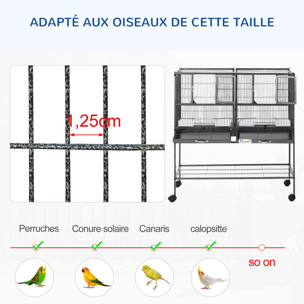 Cage à Oiseaux Volière Oiseaux Intérieur avec Séparation Mangeoire et Perchoir 95L x 45,5l x 102H cm Noir et Gris