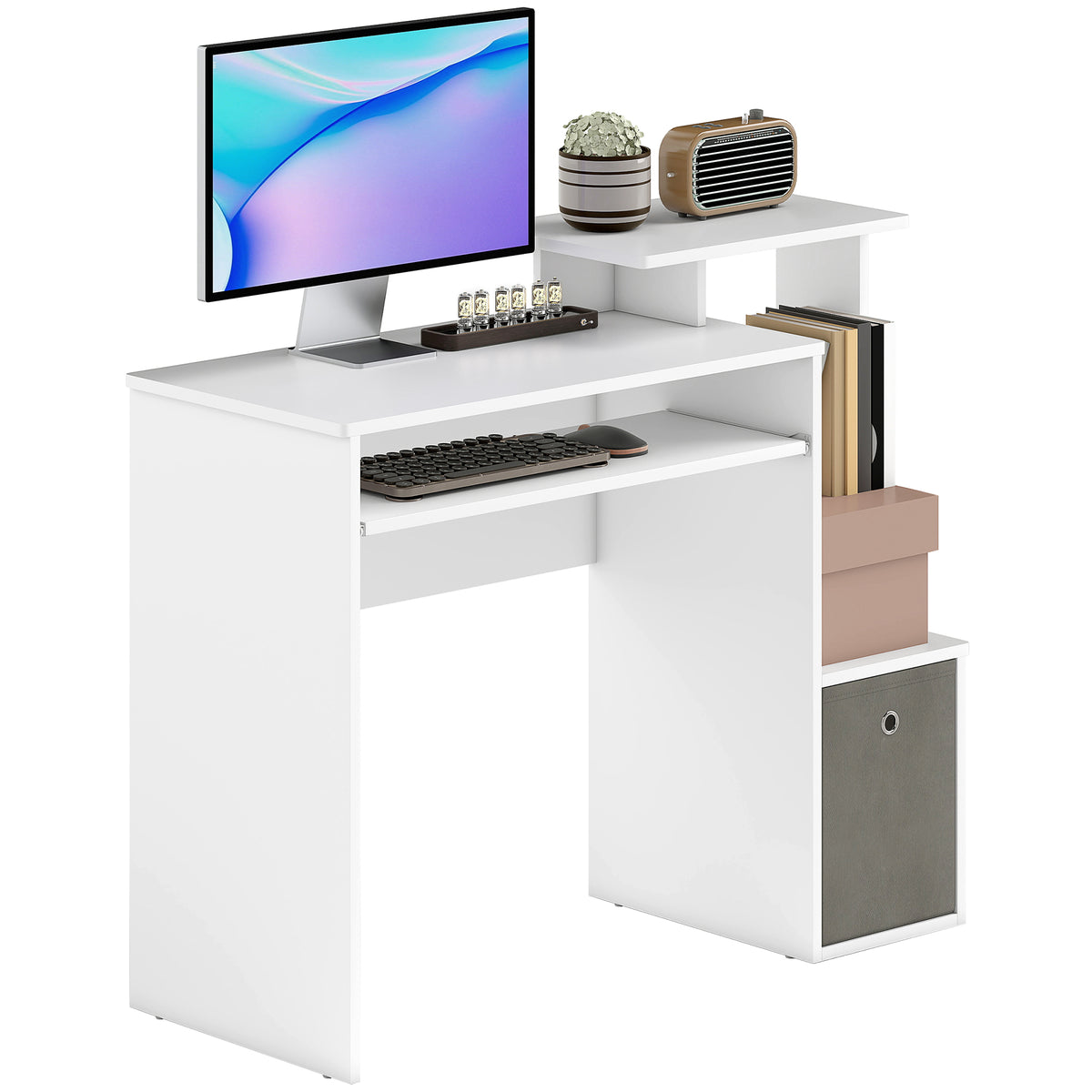 Bureau Informatique multimédia étagères Tablette Clavier Panier Gris Panneaux Particules Blanc