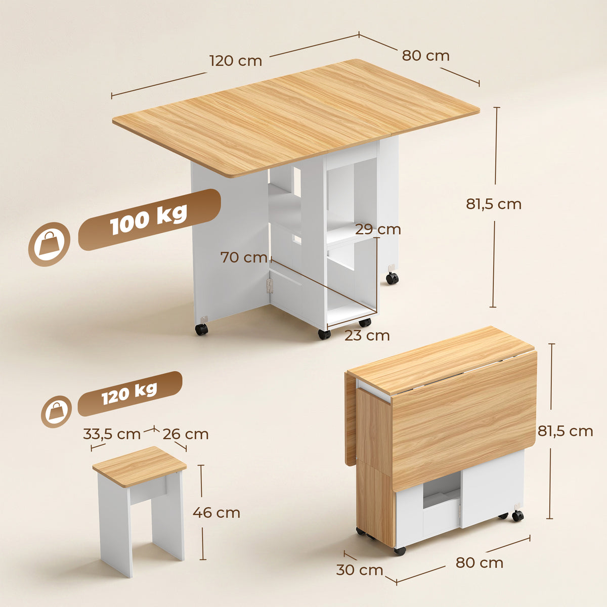 Ensemble table salle à manger pliante avec 4 chaises, table de cuisine avec chaises pour 4 personnes, roulettes, chêne