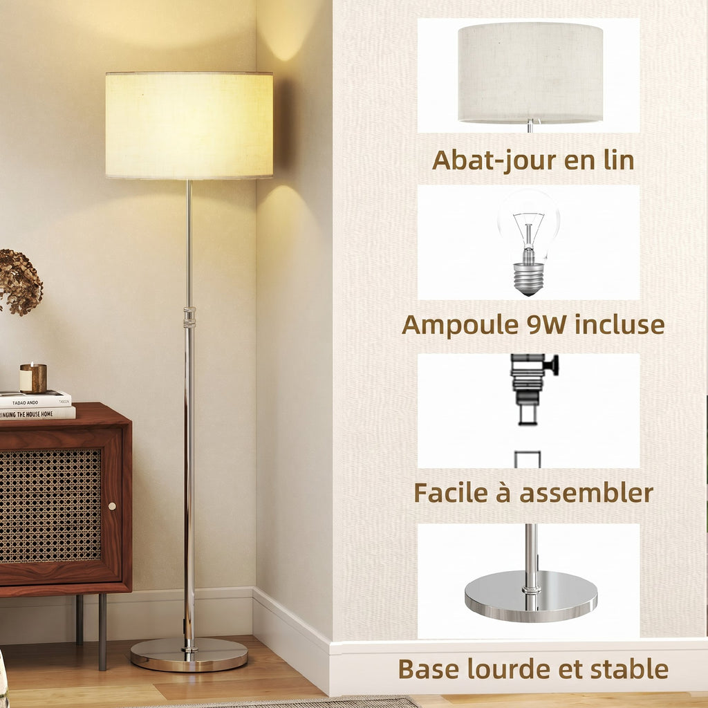 Lampadaire sur pied salon, lampe sur pied dimmable avec télécommande, abat-jour en lin, hauteur réglable 133-168cm, argent