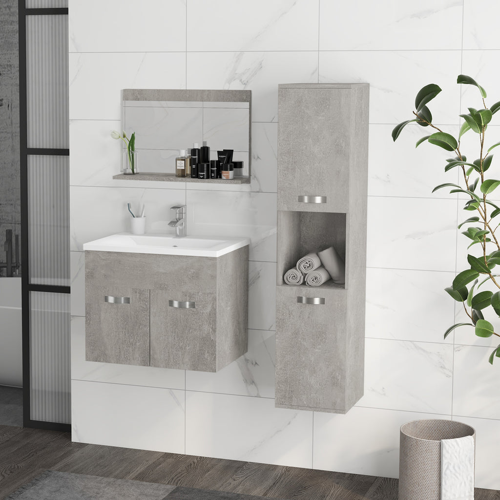 Ensemble de Meubles de Salle de Bain 4 Pièces, Mural, avec Miroir, Meuble sous Vasque, Lavabo et Armoire Haute, gris