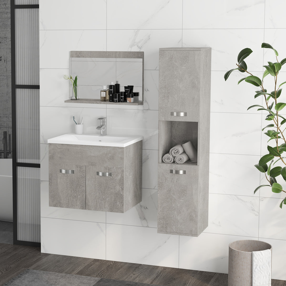 Ensemble de Meubles de Salle de Bain 4 Pièces, Mural, avec Miroir, Meuble sous Vasque, Lavabo et Armoire Haute, gris