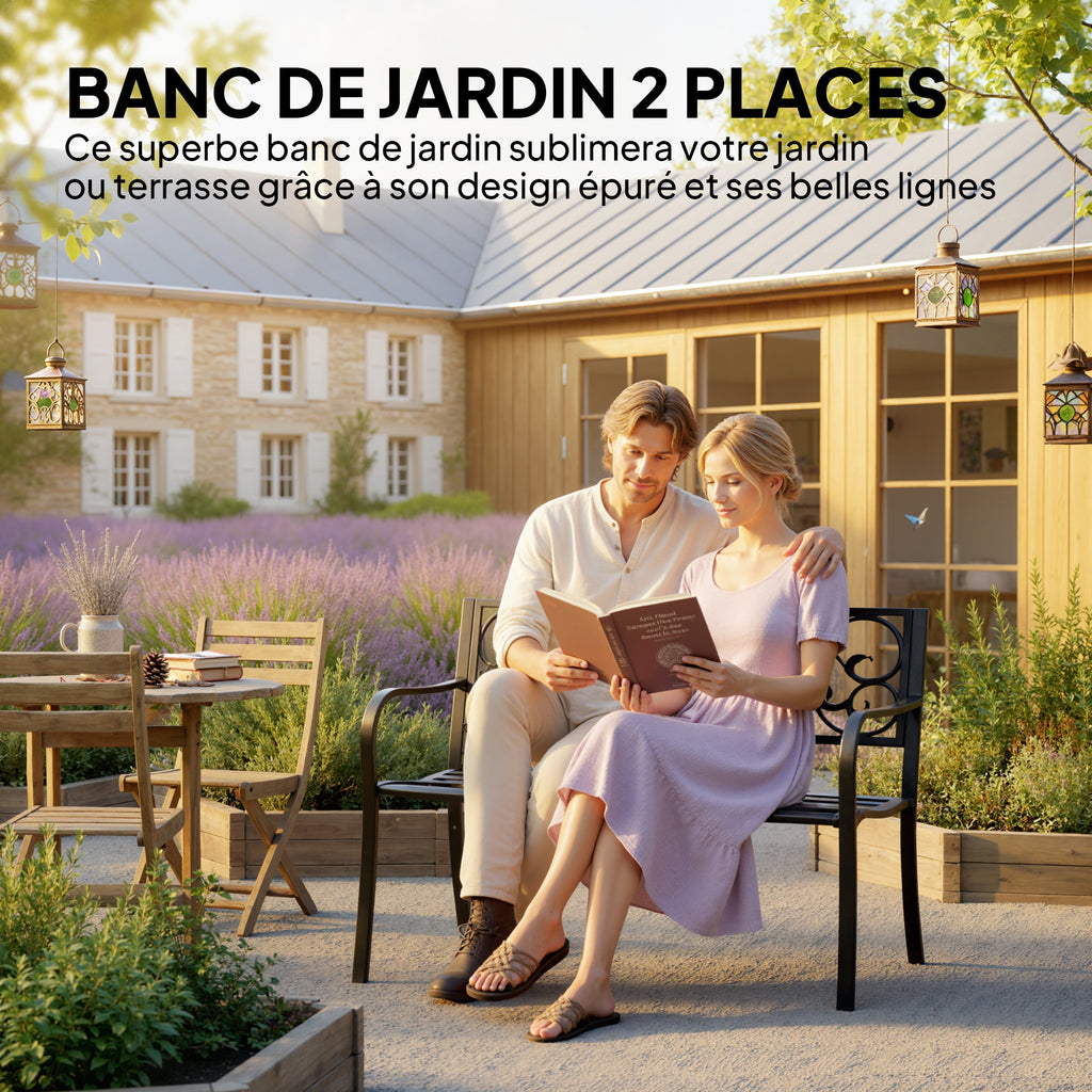 Banc de jardin 3 places terrasse Style Cosy Chic 127L x 60l x 85H cm métal époxy anticorrosion Noir