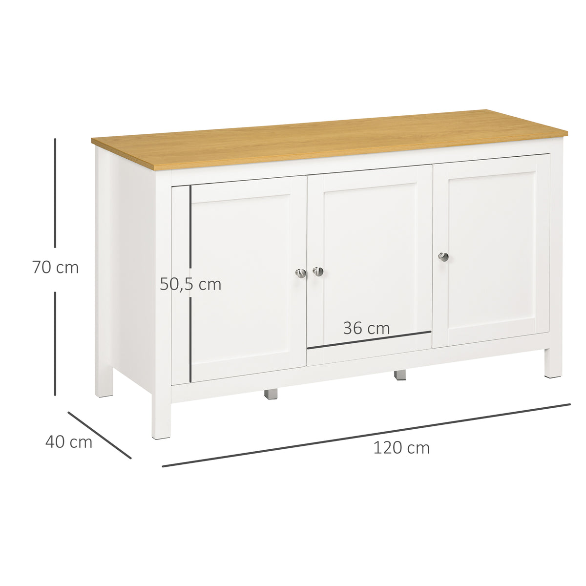 Buffet meuble de rangement avec 3 portes 2 étagères réglables plateau aspect bois clair 120 x 40 x 70 cm blanc
