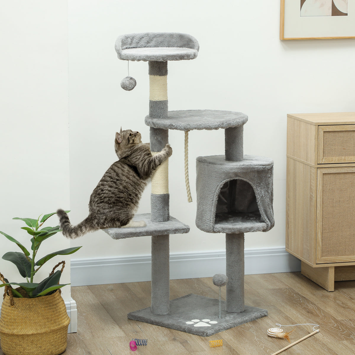 Arbre à chats multi-équipements griffoirs grattoirs plateformes niche corde jouets 40 x 40 x 114 cm gris