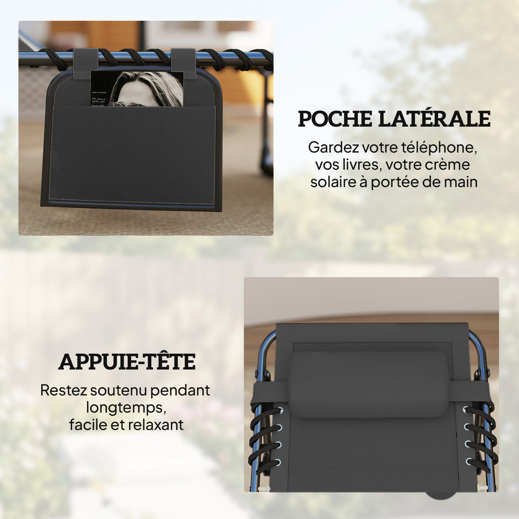 Chaise longue jardin extérieur, Bain de soleil Pliable, dossier inclinable sur 5 positions, 200 x 57 x 38 cm, gris Foncé