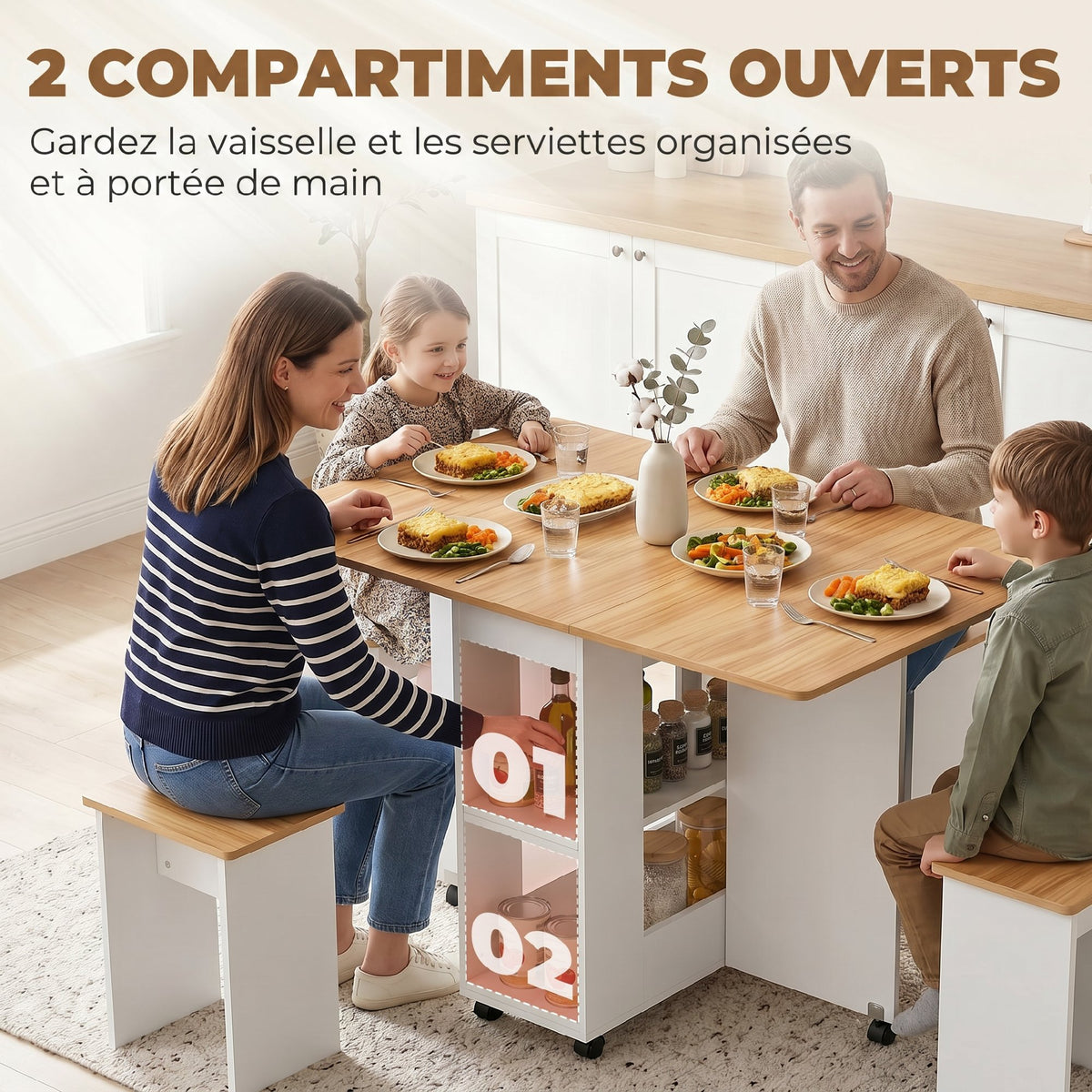 Ensemble table salle à manger pliante avec 4 chaises, table de cuisine avec chaises pour 4 personnes, roulettes, chêne