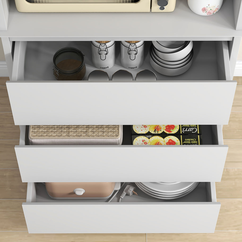 Buffet de cuisine meuble de rangement placard 2 portes 3 tiroirs et niche centrale dim. 68L x 38l x 172H cm MDF blanc