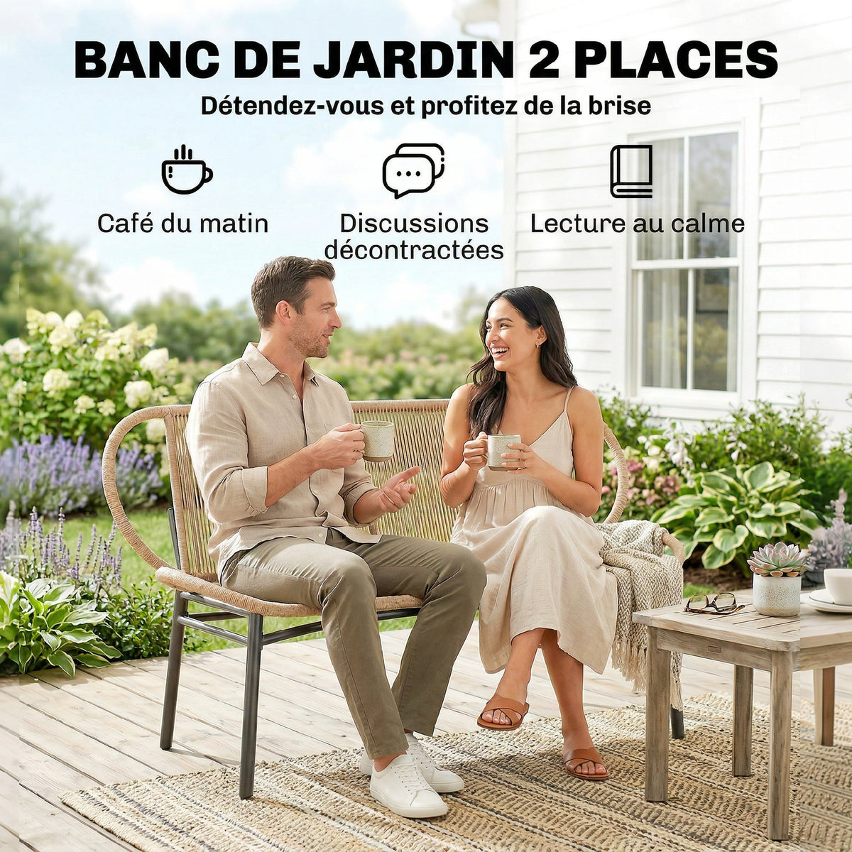 Banc de jardin 2 places, banc d'extérieur en résine tressée avec cadre en métal, résistant aux intempéries, naturel