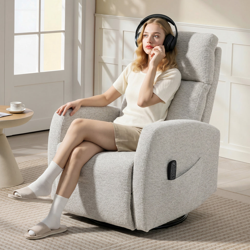 Fauteuil inclinable de massage et chauffage, fauteuil de relaxation en chenille, dossier réglable, pivotant 360°, crème