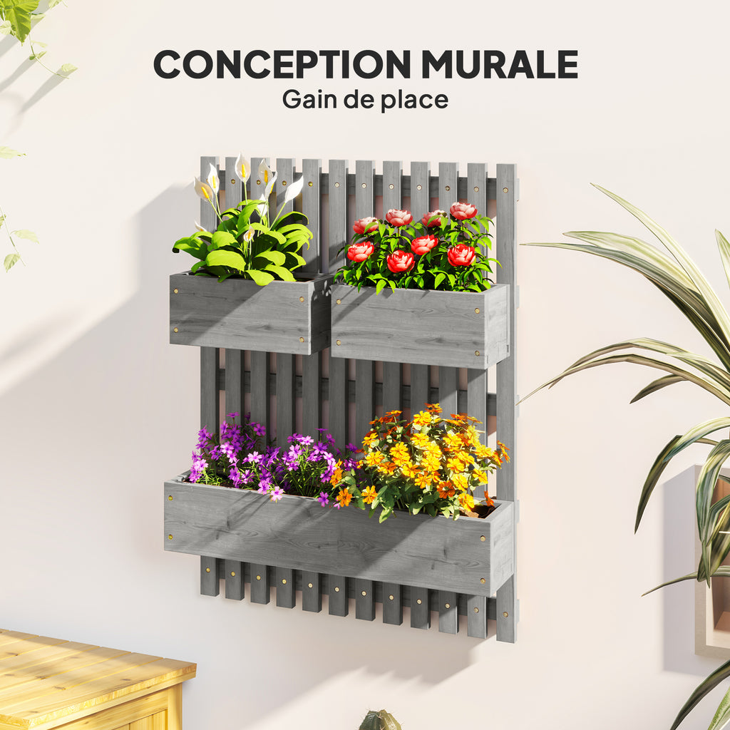 Jardinière murale potager avec 3 bacs en bois massif amovibles, tissu non tissé, 60 x 16 x 80 cm gris
