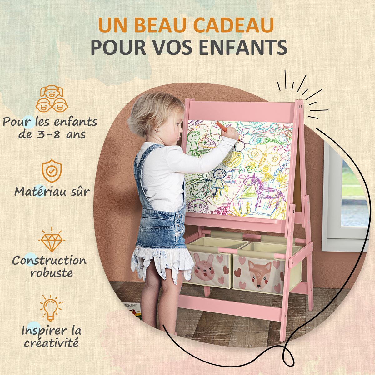 Tableau chevalet double-face rouleau papier 2 paniers + meuble à jouets de rangement à 6 boîtes, 63 x 30 x 66 cm, rose