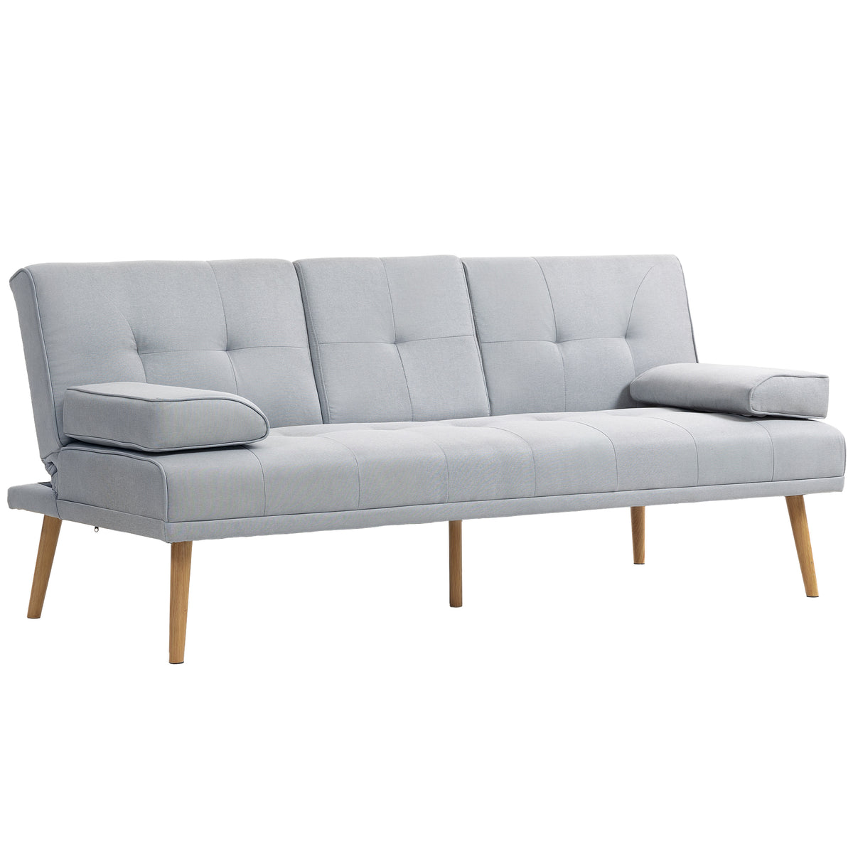Canapé convertible 3 places, canapé-lit rembourré avec dossier réglable 3 niveaux, 2 coussins et 2 porte-gobelets intégrés, tissu de lin, pour salon, chambre d'amis, petit espace, gris clair