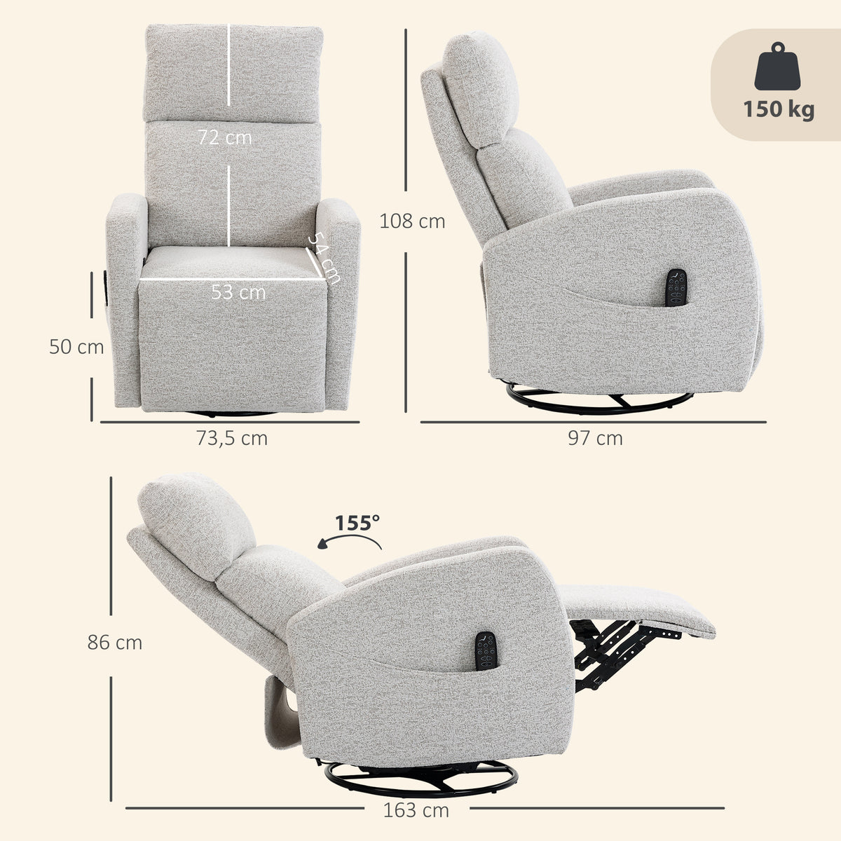 Fauteuil inclinable de massage et chauffage, fauteuil de relaxation en chenille, dossier réglable, pivotant 360°, crème