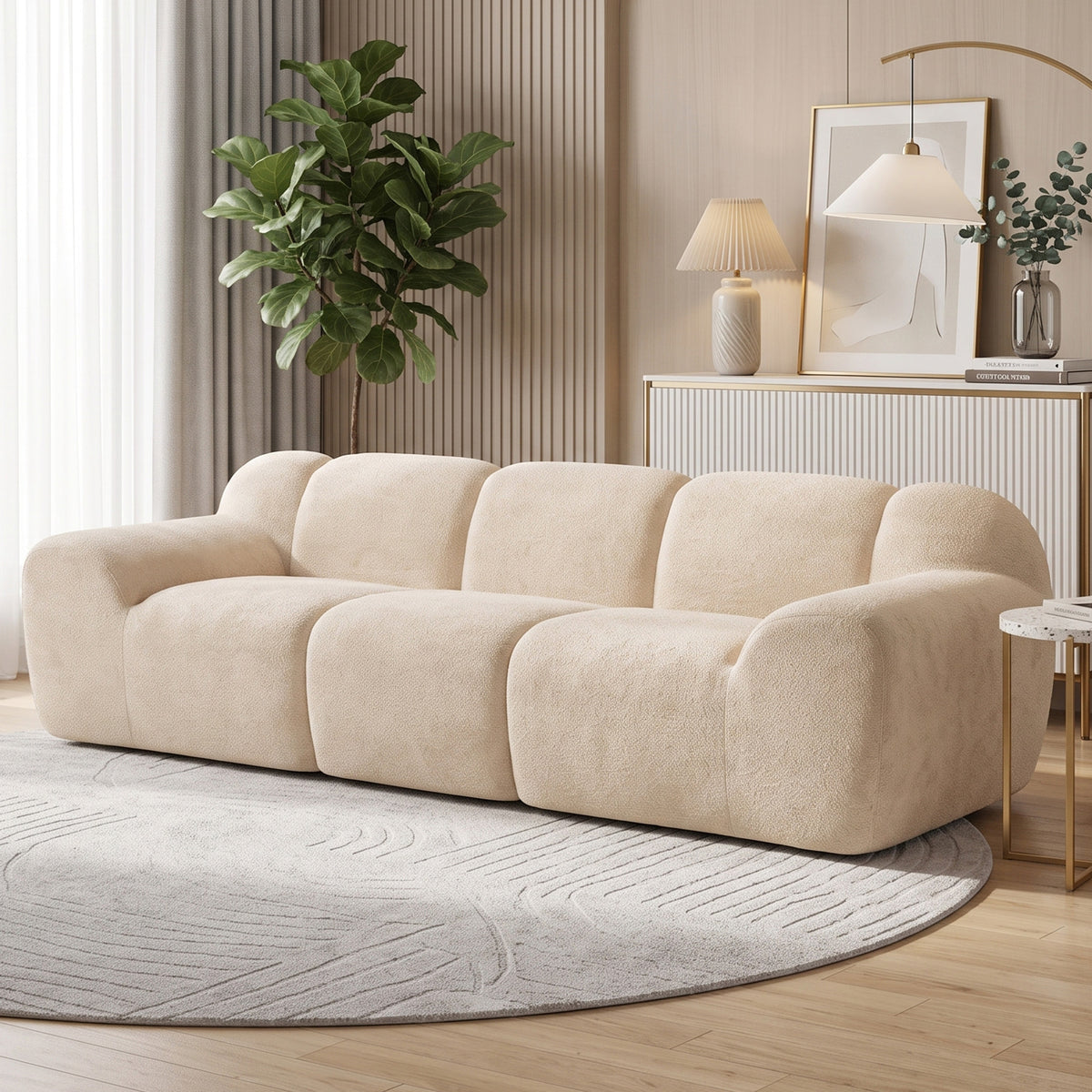 Canapé 3 Places 233 cm, Canapé Salon en Chenille Moderne avec Assise Profonde, Accoudoirs Larges, Beige
