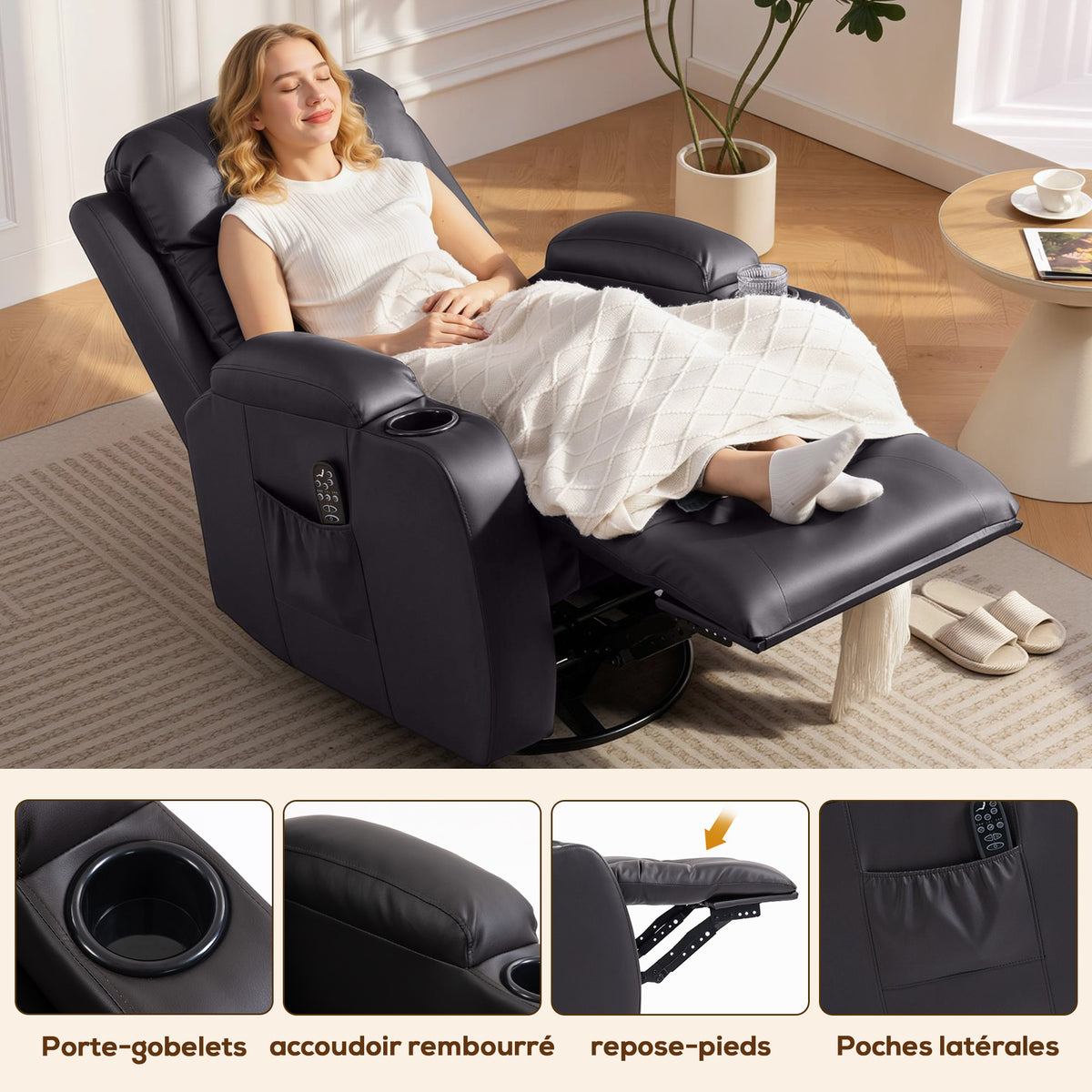 Fauteuil inclinable de massage et chauffage, fauteuil de relaxation, dossier réglable, pivotant 360°, 82x99x103cm, marron